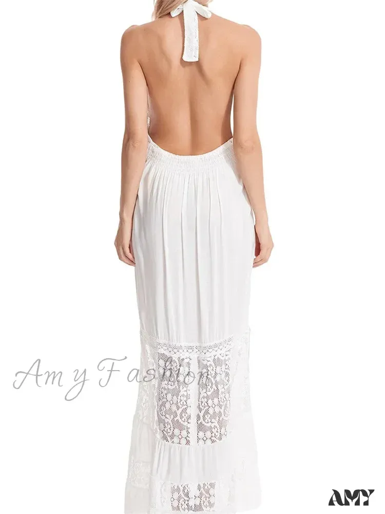 Amy Fashion - Sexy Women Bohemian  Sleeveless Backless Halter Lace Patchwork Summer Beach Vacation Holiday Vestidos