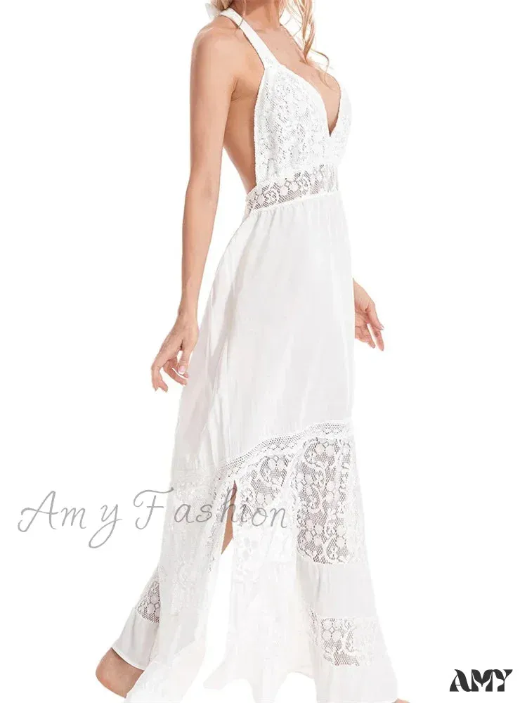 Amy Fashion - Sexy Women Bohemian  Sleeveless Backless Halter Lace Patchwork Summer Beach Vacation Holiday Vestidos