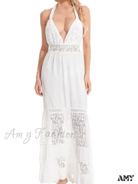 Amy Fashion - Sexy Women Bohemian  Sleeveless Backless Halter Lace Patchwork Summer Beach Vacation Holiday Vestidos