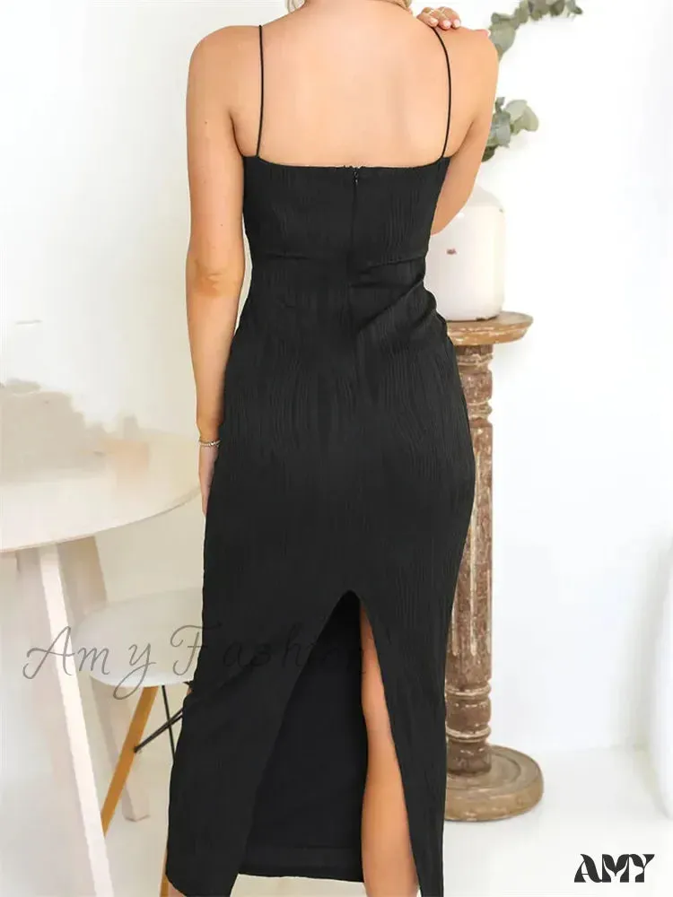 Amy Fashion - Sexy Women  Ruched Sleeveless Slim Solid Summer Party Back Split Clubwear Female Vestido Outfits