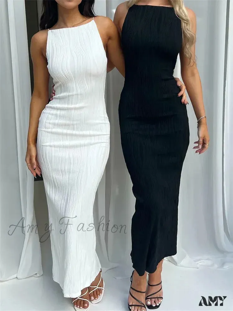 Amy Fashion - Sexy Women  Ruched Sleeveless Slim Solid Summer Party Back Split Clubwear Female Vestido Outfits