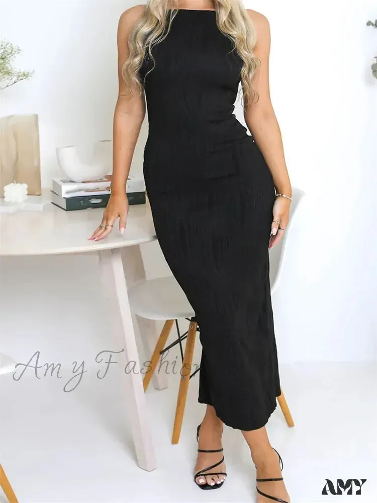 Amy Fashion - Sexy Women  Ruched Sleeveless Slim Solid Summer Party Back Split Clubwear Female Vestido Outfits