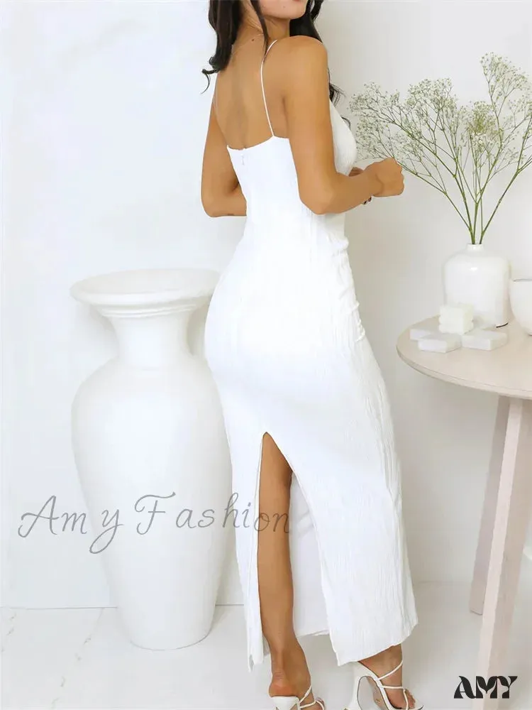 Amy Fashion - Sexy Women  Ruched Sleeveless Slim Solid Summer Party Back Split Clubwear Female Vestido Outfits