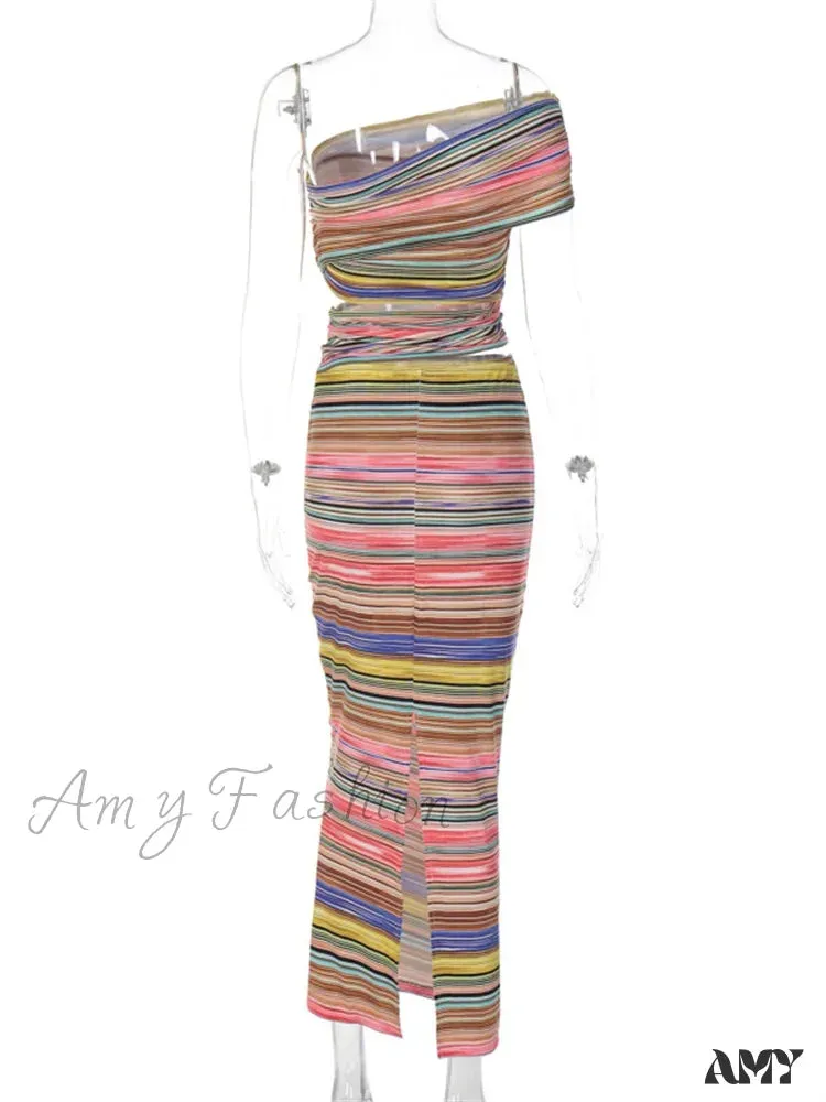 Amy Fashion - Women Striped Bodycon Summer Irregular Cutout One Shoulder Sleeveless Beach Party for Club Streetwear New