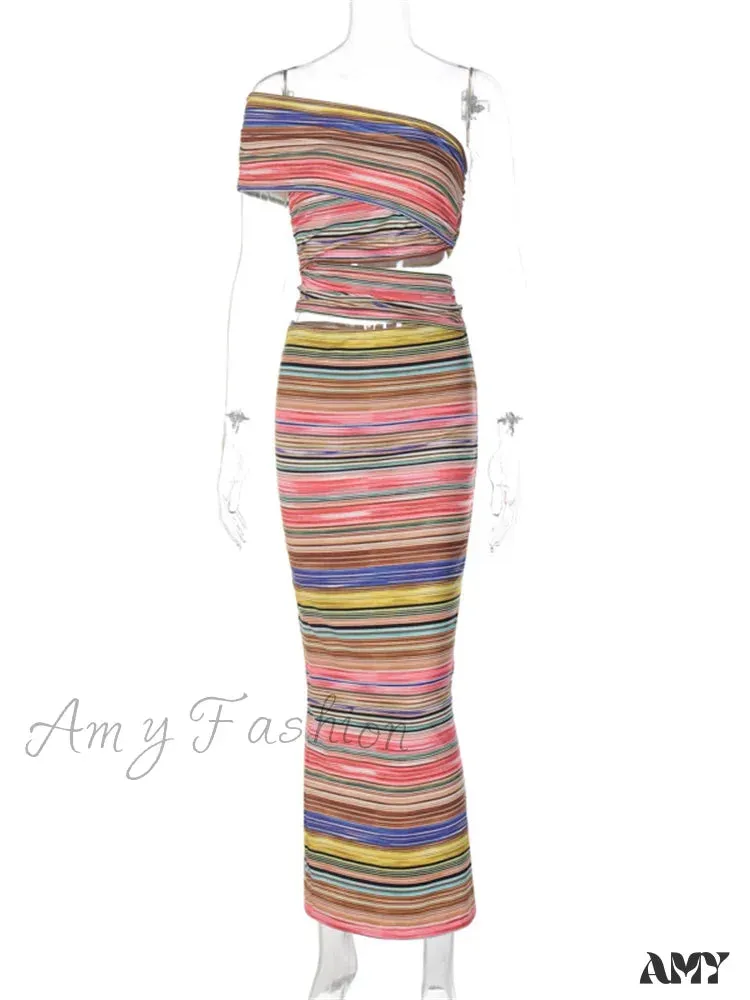Amy Fashion - Women Striped Bodycon Summer Irregular Cutout One Shoulder Sleeveless Beach Party for Club Streetwear New