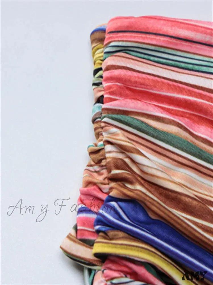 Amy Fashion - Women Striped Bodycon Summer Irregular Cutout One Shoulder Sleeveless Beach Party for Club Streetwear New