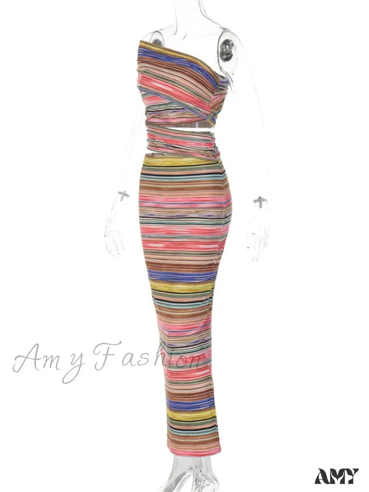 Amy Fashion - Women Striped Bodycon Summer Irregular Cutout One Shoulder Sleeveless Beach Party for Club Streetwear New
