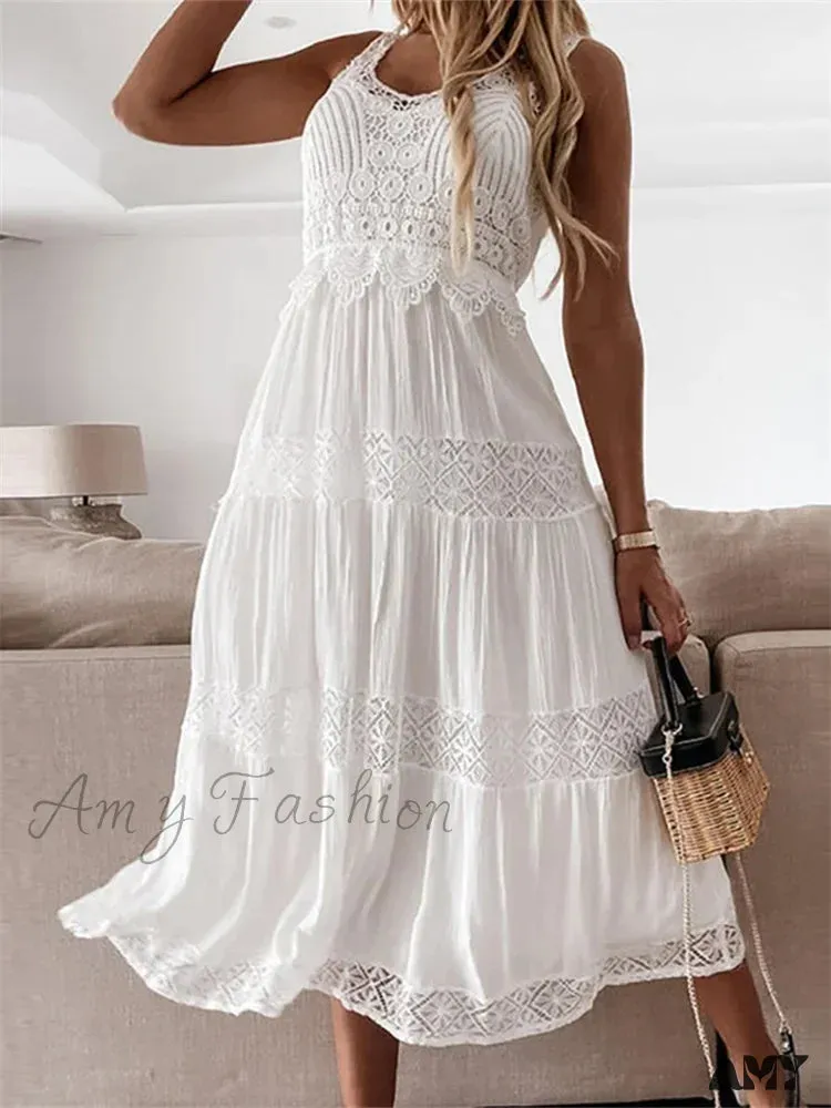 Amy Fashion - Women Summer Off Shoulder  Tank Fairy Lace Sleeveless Backless Solid Ruched Flowy Beach Female Vestido