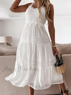 Amy Fashion - Women Summer Off Shoulder  Tank Fairy Lace Sleeveless Backless Solid Ruched Flowy Beach Female Vestido