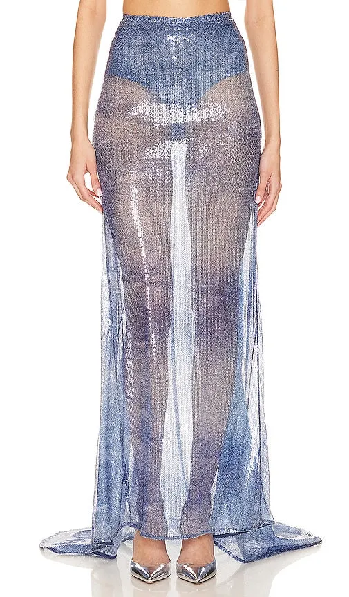 Ceren Ocak Denim Effect Sequin Skirt in Blue