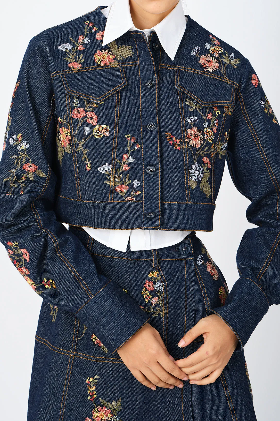 Cerrado cross-stitch denim cropped jacket