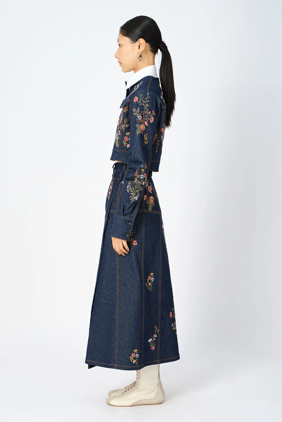 Cerrado cross-stitch denim cropped jacket