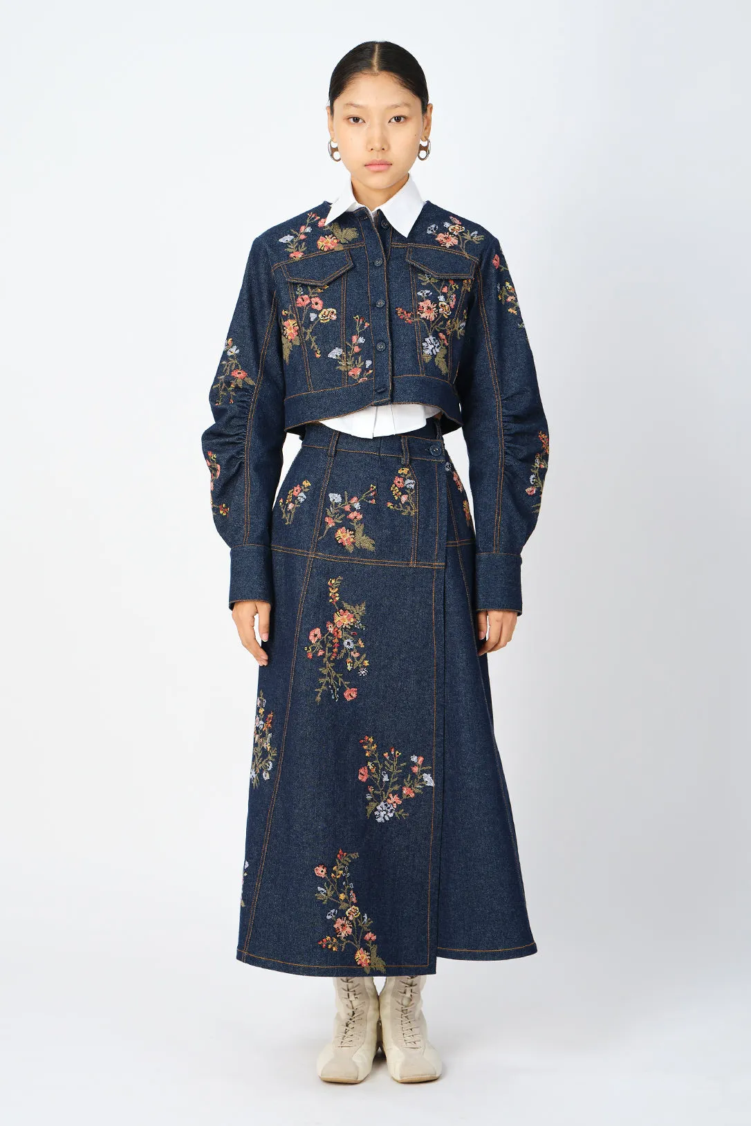 Cerrado cross-stitch denim cropped jacket