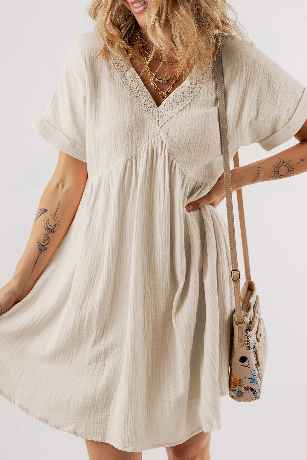 Folded Short Sleeve Lace Mini Dress