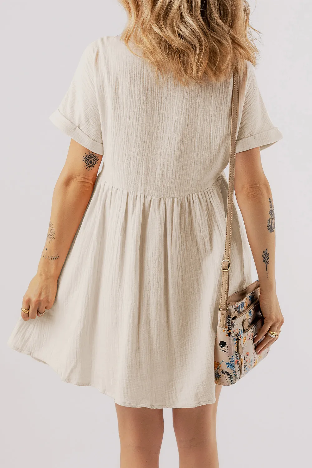 Folded Short Sleeve Lace Mini Dress