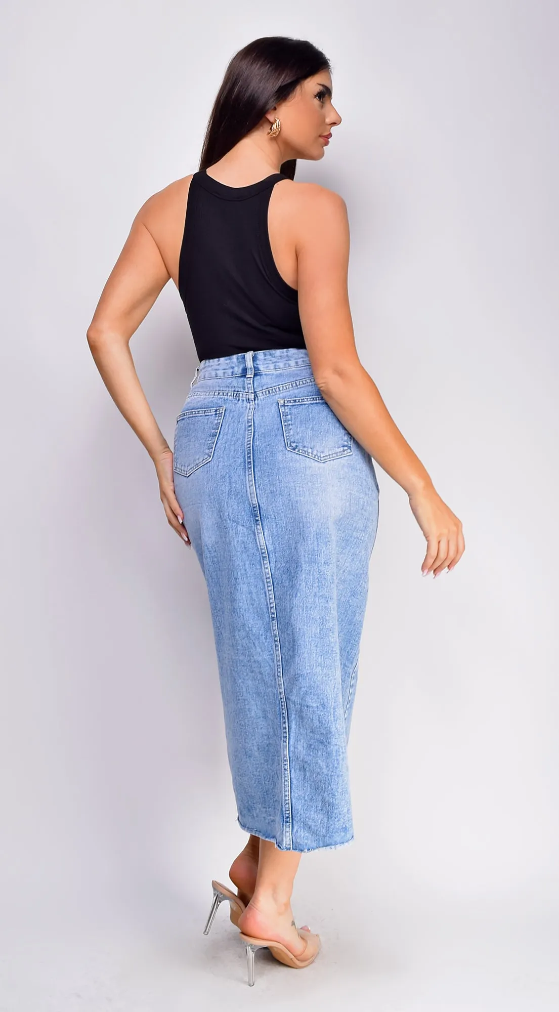 Frances High Rise Denim Midi Skirt - Blue