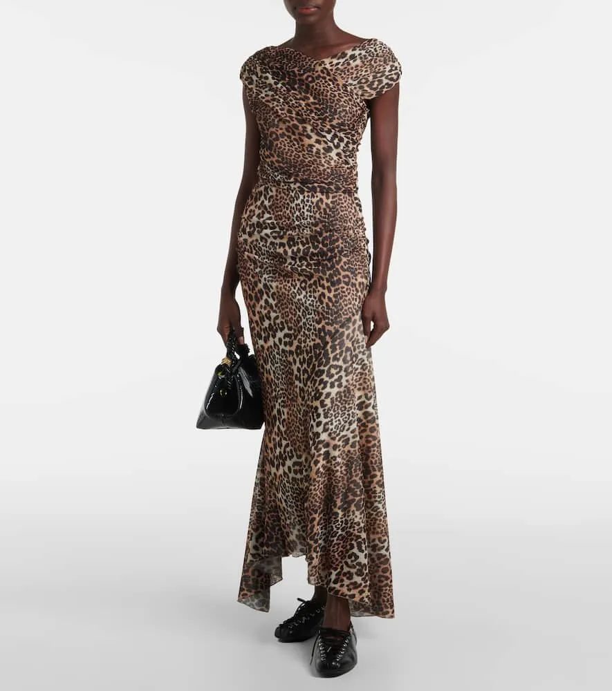 Ganni Ruched leopard-print mesh maxi dress