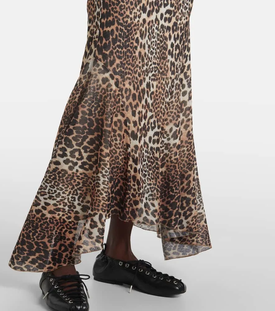 Ganni Ruched leopard-print mesh maxi dress