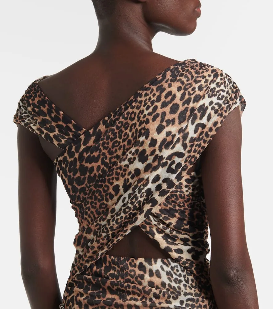Ganni Ruched leopard-print mesh maxi dress