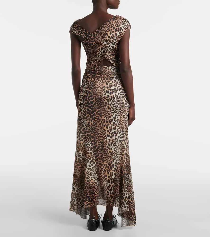 Ganni Ruched leopard-print mesh maxi dress