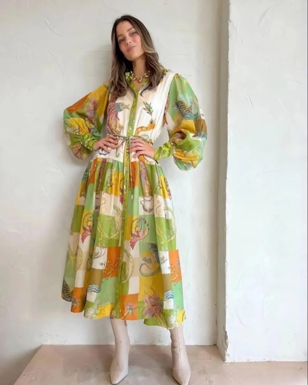 Jerome Tie Waist Silk & Ramie Shirtdress In Green Multi 24652