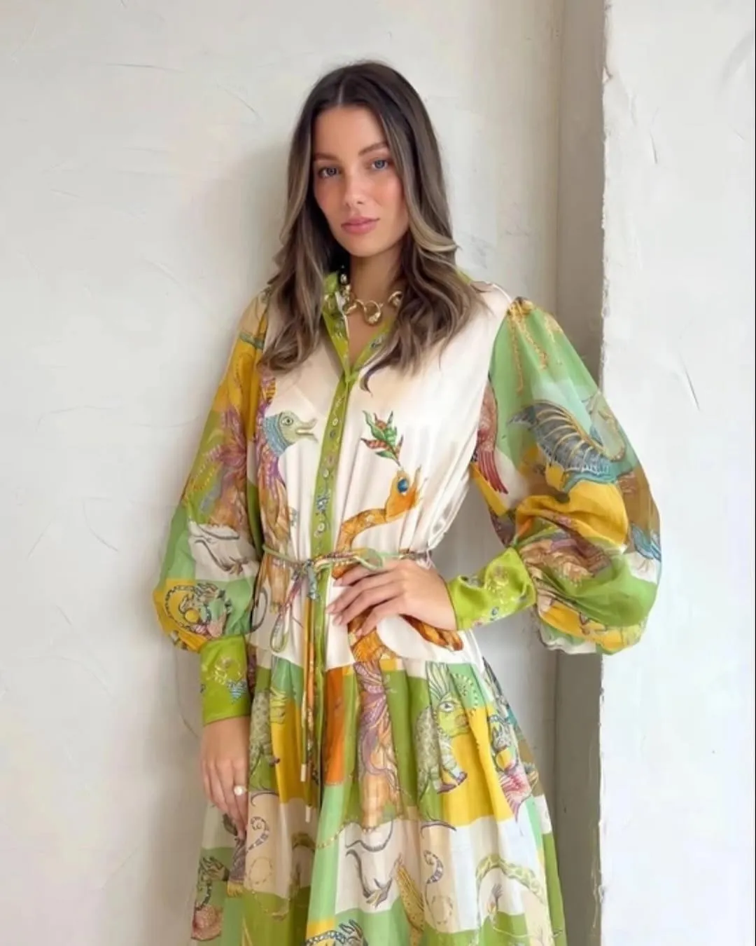 Jerome Tie Waist Silk & Ramie Shirtdress In Green Multi 24652