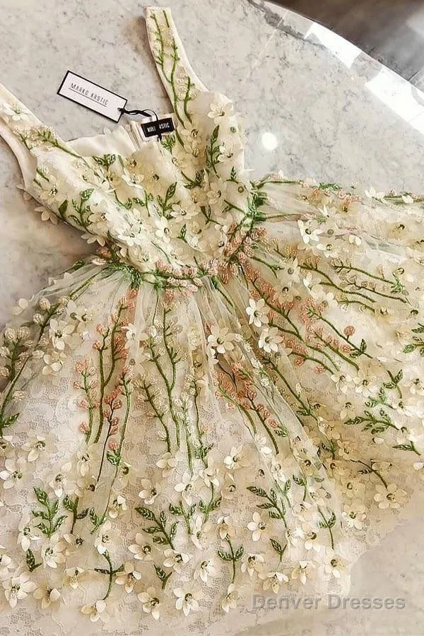 Lovely Flowers Straps Short Prom Dresses Lace Homecoming Dresses
