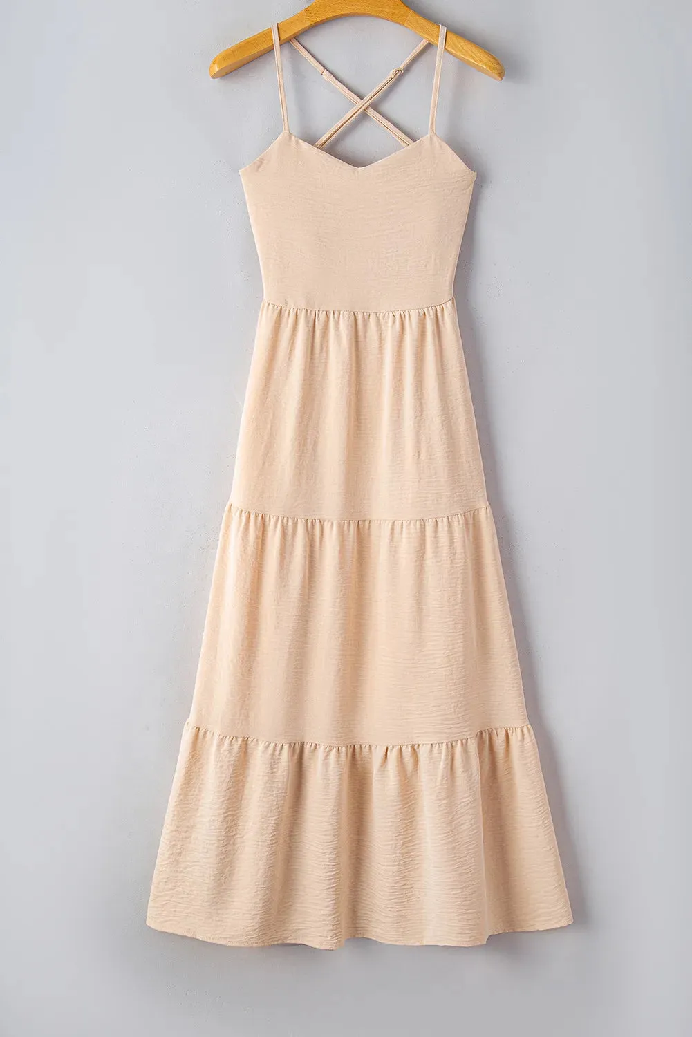 Oatmeal Crossover Backless Bodice Tiered Maxi Dress