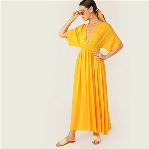 SHEIN Guipure Lace Plunging Neck Knot Back Dress Women Summer Dresses