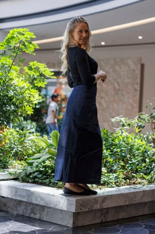 STRETCH DENIM MIDI SKIRT WITH OUTISDE POCKETS