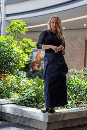STRETCH DENIM MIDI SKIRT WITH OUTISDE POCKETS