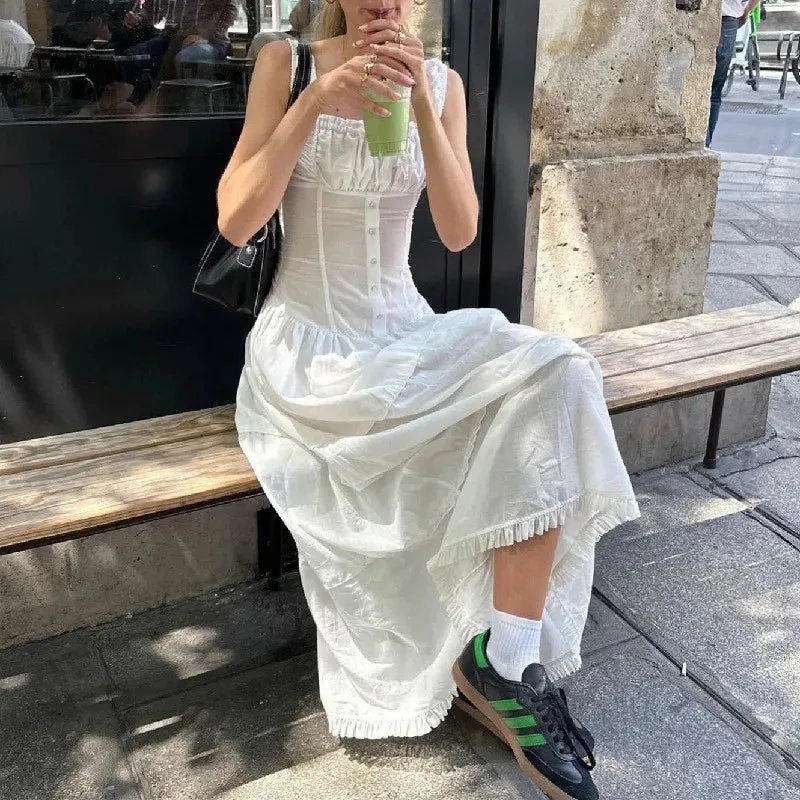 Summer White Beach Vintage Long New Holiday Women Button Fashion Pure Pleated Elegant Maxi Dress