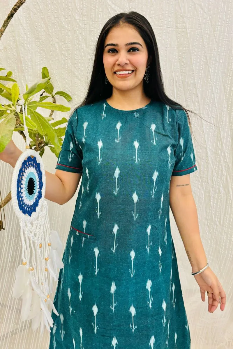Teal Green Ikat Shift Dress With Pockets