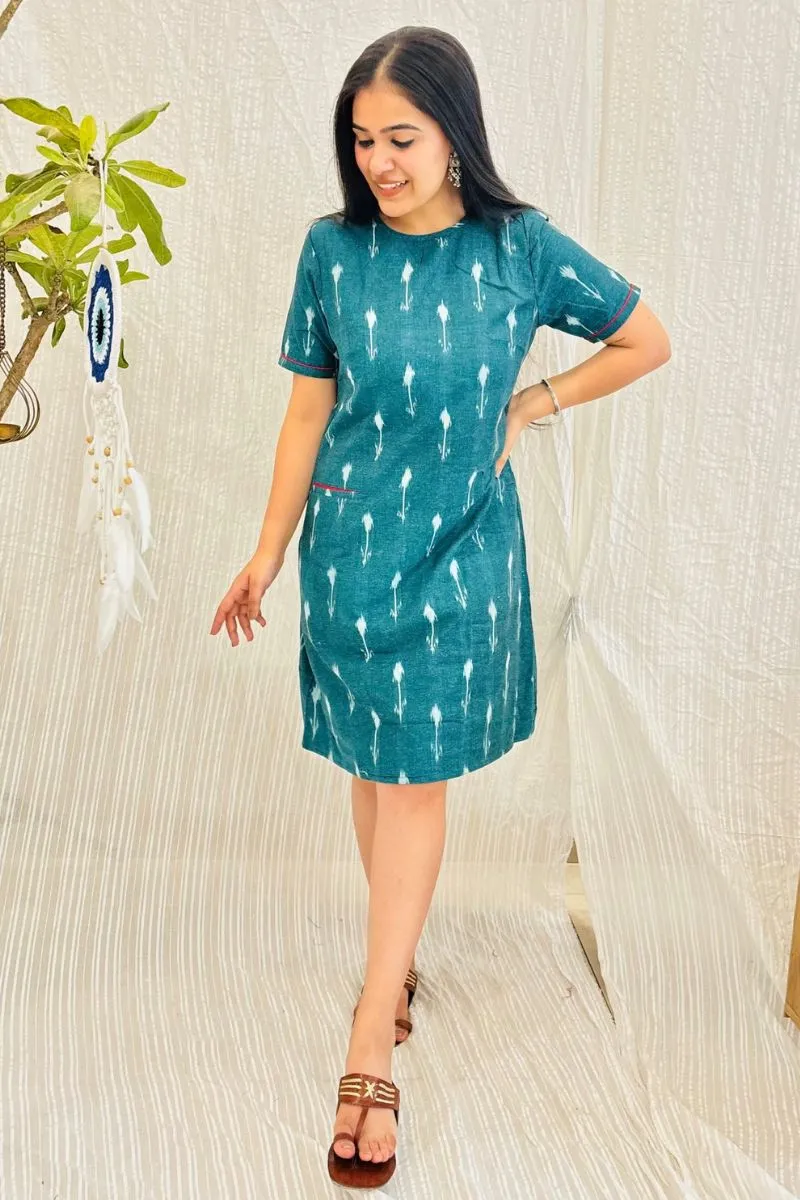 Teal Green Ikat Shift Dress With Pockets