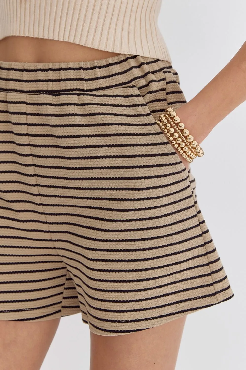 Textured Striped High Waisted Shorts W/POCKETS