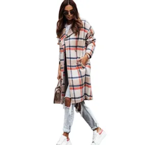 YESFASHION Long-sleeve Woolen Mid-length Plaid Coats